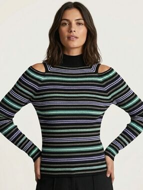 Women’s Black Striped Cold-Shoulder Ribbed Sweater